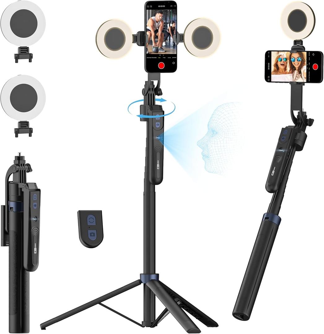 USKEYVISION Auto Face Tracking Tripod 360 Rotation,Phone Tripod for iPhone w/Fill Light,Selfie Stick for iPhone w/Remote Control,70 Phone Holder Video Recording for Content Creators TikTok(UTK-02) (Black)