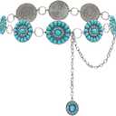 Boho Turquoise Concho Belt Silver Metal Western Turquoise Belts Waist Chain Belt for Women Dress (41inch(26''+extended chain 15''), Blue)