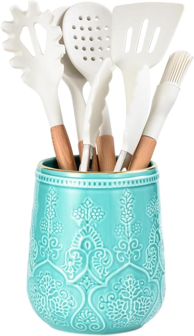 Utensil Holder, Large Utensil Holder for Kitchen Counter, 6.5Ceramic Cooking Utensil Organizer, Kitchen Decor for Counter (Turquoise)