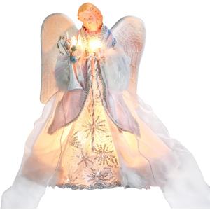 MUMTOP Lighted Christmas Angel Tree Topper, 12 Inch Luxury Blue White Fabric Angel Tree Top Figurine with Lights for Christmas Tree Decoration Indoor