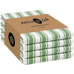Native Fab Stripe Kitchen Towel - 4 Pack - Basket Weave 100% Cotton Dish Towels - 16x26 inches - Absorbent Towels for Cleaning, Quick Drying, Washable Dish Cloths with Hanging Loop - Mint Green