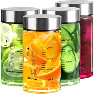 Glass Juice Bottles 4 Pack 10 oz - Wide Mouth Glass Water Bottles with Lids - for Juicing, Protein, Smoothie, Milk, Reusable, BPA Free, Stainless Steel Lids, Blender, Shaker Bottle (10oz/300ml)