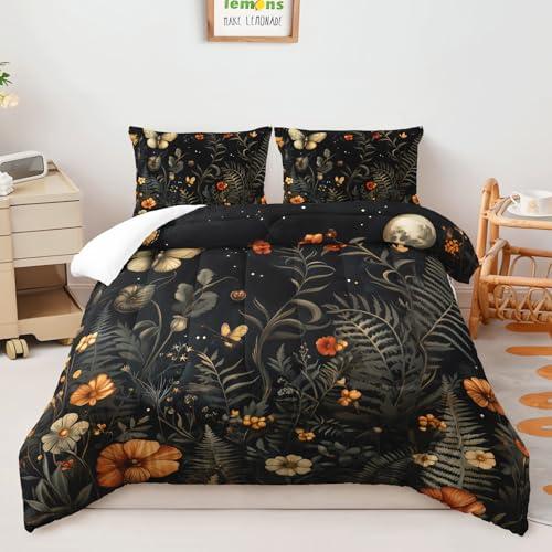 AILONEN Flower Comforter Set Queen Size, Leaves Flowers Print Bedding Set for Girls Boys,Black Theme Duvet Set 3Pcs for Bedroom Decor,1 Quilt ,Soft