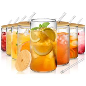 8Pcs Glass Cups with Lids and Straws - 16oz Can Shaped Drinking Glasses Set, Iced Coffee Cup, Beer Glasses Tumbler for Juice, Soda , Smoothie, Boba Tea, Whiskey, Cocktail Include 2 Cleaning Brushes (Clear)