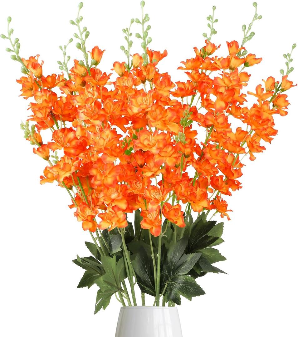 Orange Delphinium Artificial Flowers,8PCS Long Stem Silk Larkspur Flowers 33.5'' Faux Delphinium Stems for Tall Vase Home Wedding Table Decor(Orange)