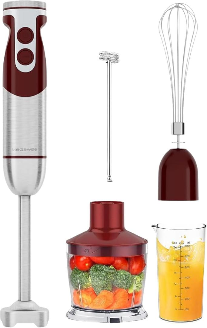 MegaWise Pro Titanium Reinforced 5 in1 Immersion Hand Blender, Powerful with 80% Sharper Blades, 12 Speed Corded Blender, Including 500ml Chopper, 600ml Beaker, Whisk and Milk Frother (Red)