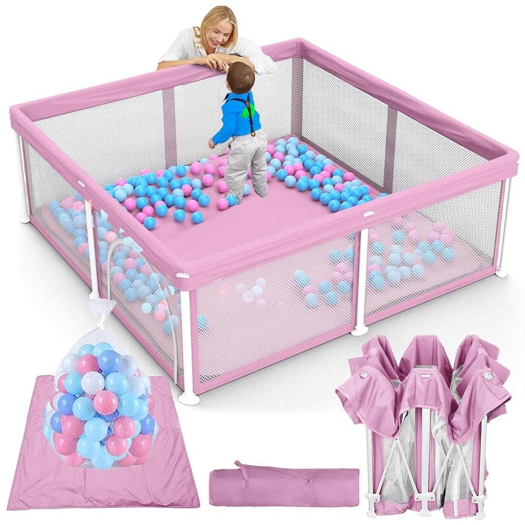 TOREVSIOR Foldable Baby Playpen with Mat, 50"50" Collapsible Playpen for Babies and Toddlers, Indoor & Outdoor Kids Safety Play Pen, Portable Play Yard, Foldable Baby Play Pen with 50 Ocean Balls (Pink)