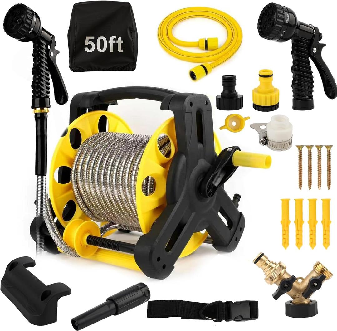 50FT 304 Stainless Steel Garden Hose with Reel, Heavy Duty Metal Water Hose with Holder & Storage Cover, Kink Free Tangle Free Flexible Outdoor Hose Set for Yard Garden