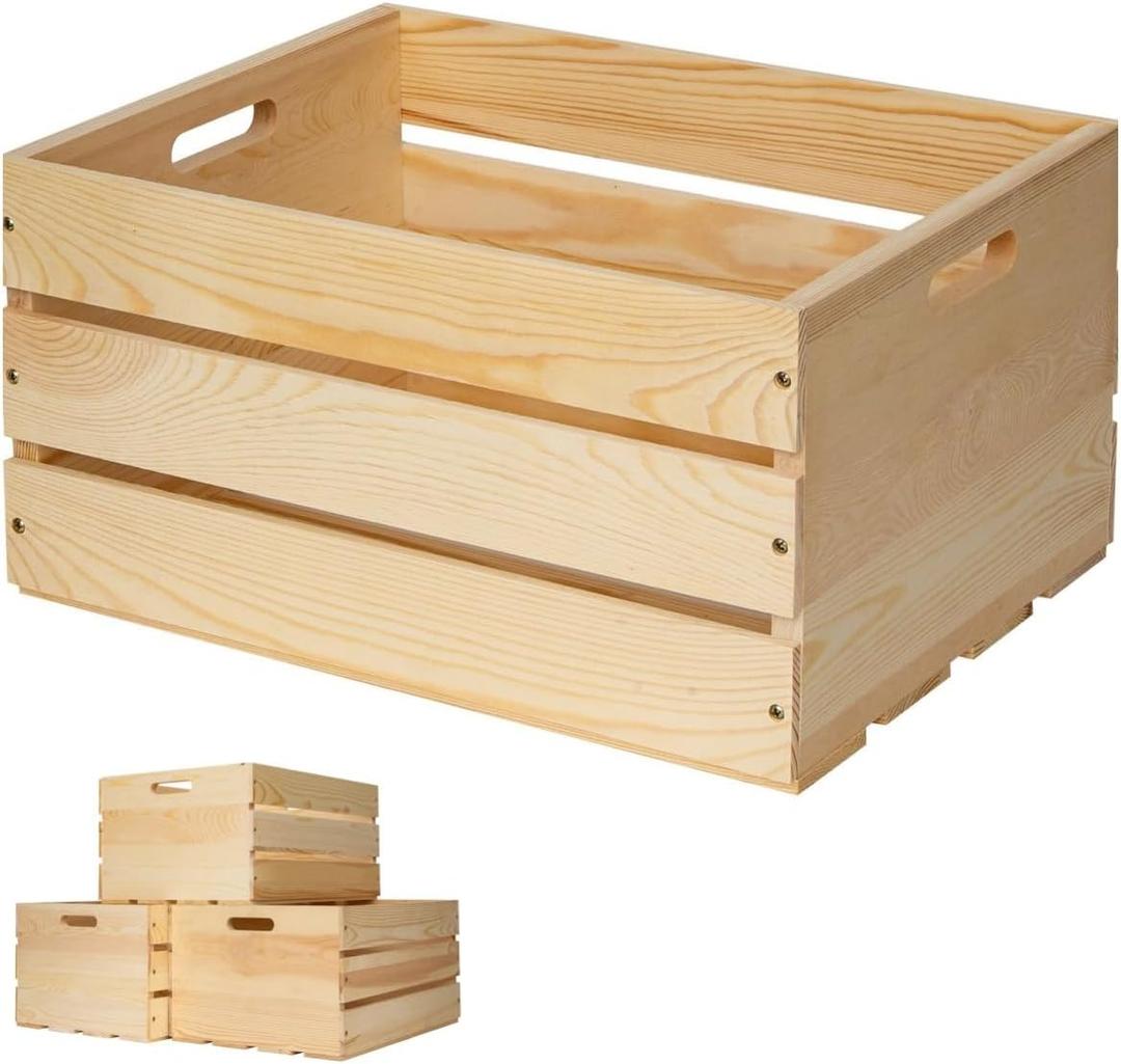 2 PAck Large Pine Wood Crates For Storage, Unfinished Natural Wooden Crates, 17" x 13" x 8.9"