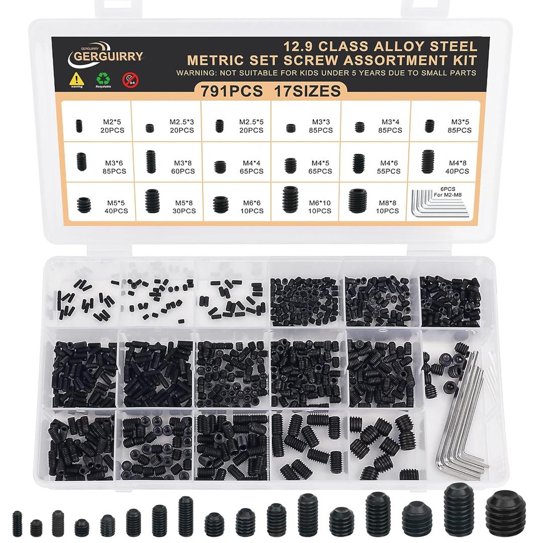 791PCS Set Screws, 17Sizes Metric Set Screw Assortment Kit, M2/2.5/3/4/5/6/8 12.9 Alloy Steel Black Grub Set Screws, Internal Hex Drive Cup-Point Screws for Bathroom Fixtures, Door Handles