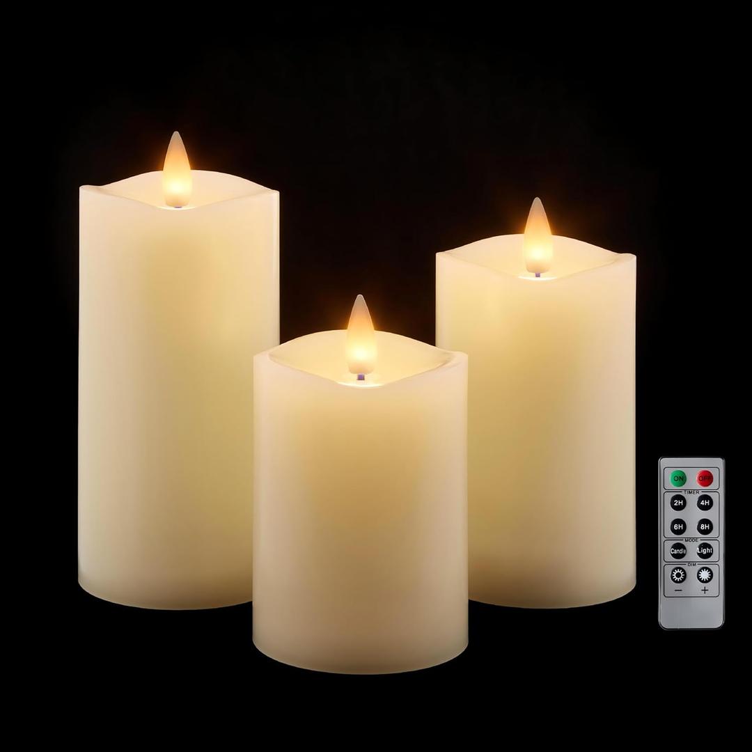 Flameless Pillar Candles Flickering with Remote Timer, Battery Operated LED Candles Up to 400 Hours, 3D Moving Flame Real Wax Candles. (Ivory Melted Top)
