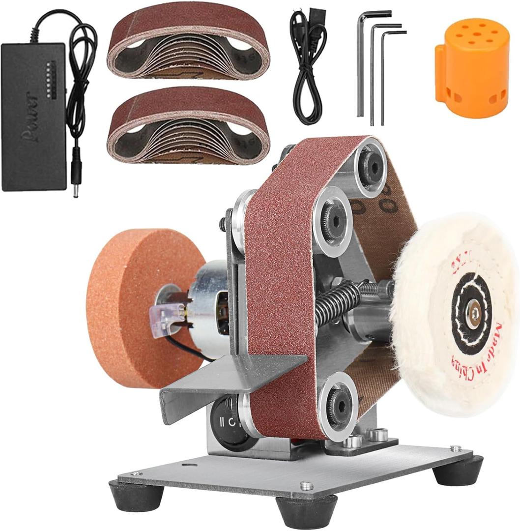 3-In-1 Mini Belt Sander - Electric Bench Grinder Sanding Machine, 7 Adjustable Speed Table Polisher Buffer Handcraft System for Metal Wood DIY Craft Jewelry Stained Glass (Plus Kit)