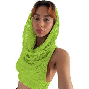 Women Knitted Hoodie Sweater Vest Sexy Sleeveless Hollow Out Hooded Crop Top Streetwear Rave Oufit (Large, Neon Green)