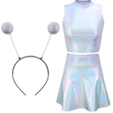 Metallic Top Sleeveless Crop Tank Top Pleated Skirt with Headband for Raves Halloween Cosplay L