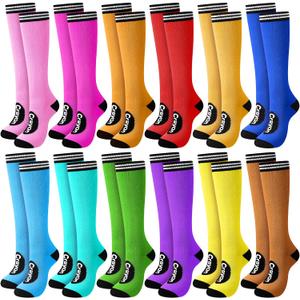 Suhine 12 Pcs Halloween Crayon Socks Bulk Funny Rainbow Thigh High Socks Crayon Group Family Costumes Colorful Striped High Neon Stockings for Adults Women Men