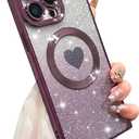 SAKUULO Case for iPhone 15 Pro Max 6.7 inch Cute Plating Clear Case [Compatible with Magsafe] Plating Heart Glitter Soft TPU Shockproof Camera Protection Bumper Cover for iPhone 15 Pro Max,Purple
