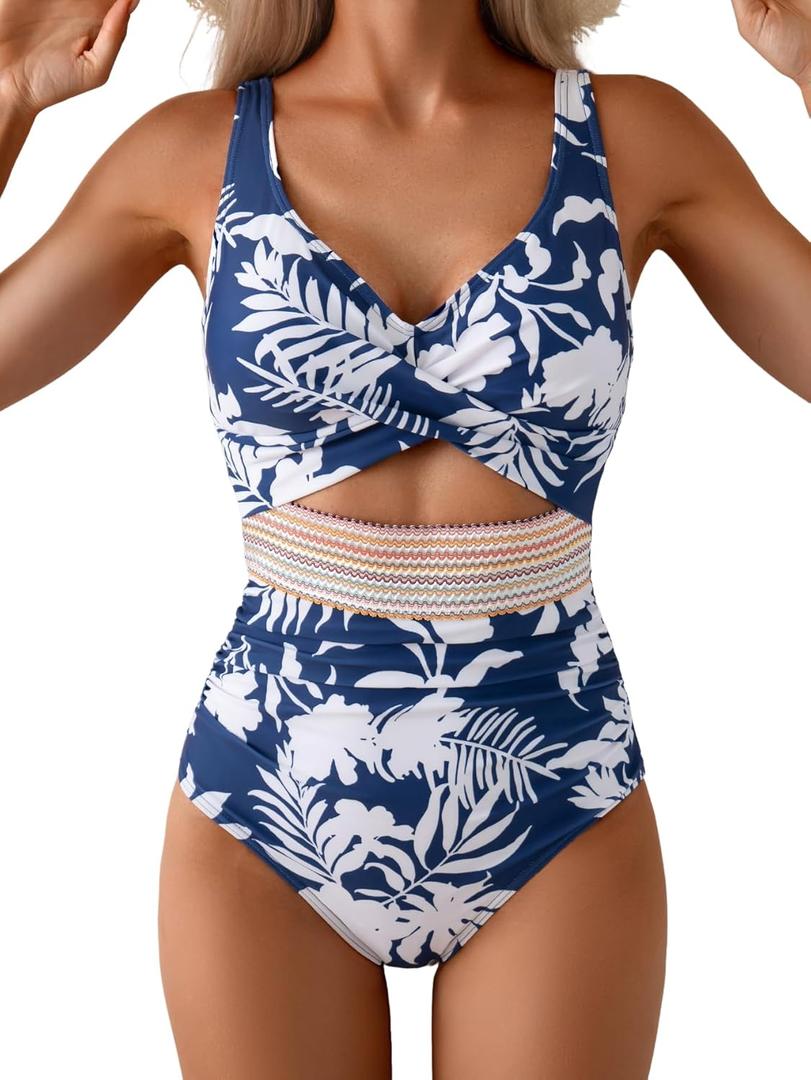 B2prity One Piece Swimsuit for Women Tummy Control V Neck Bathing Suit Color Block High Waisted Cutout Swimwear (Small, Navy Blue Leaf)
