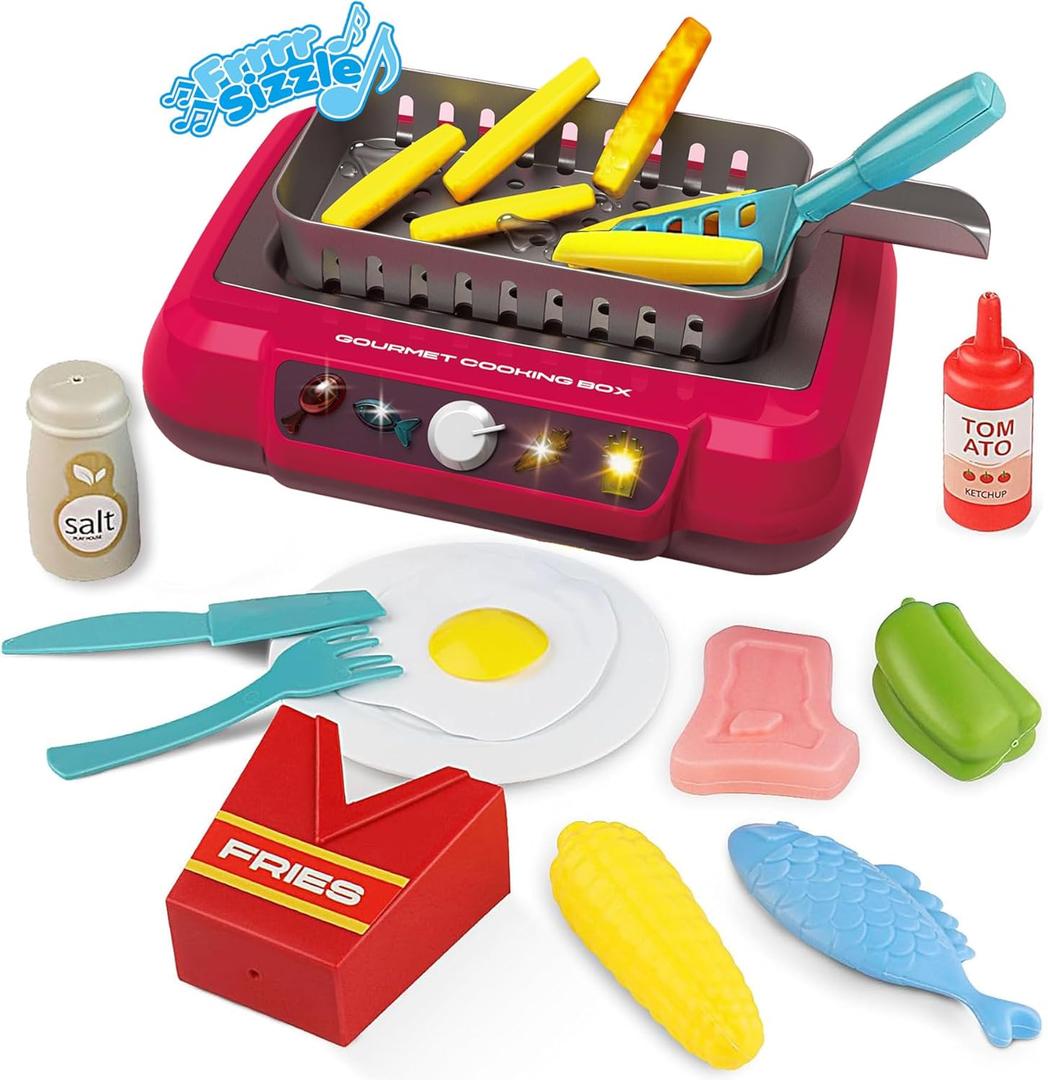 Play Kitchen Accessories Toy Set, Toddler Fryer Toy Kitchen, Camping Cooking Playset with Color Change Play Food, Kids Kitchen Playset with Sound & Light, Kids Toys for Ages 3-5 5-7