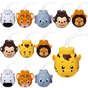 Hoolerry 12 Sets Zoo Animal Cups with Straws and Lids, 10 oz Plastic Reusable Safari Jungle Animal Theme Kids Cups for Safari Birthday Party Supplies