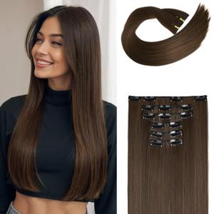 FLUFYMOOZ 6PC Clip in Hair Extensions 24" Straight Long Extensions for Women Synthetic Hairpiece (Chestnut Brown)