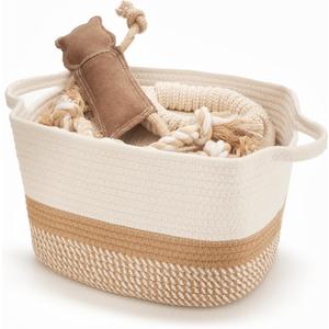 Stylish Cotton Rope Storage Basket For Dog Toys, Magazines or Books - The Perfect Woven Bin with Handles For Everyday Organization Reduces Clutter in Your Rooms - A Decorative Gift & Storage Box