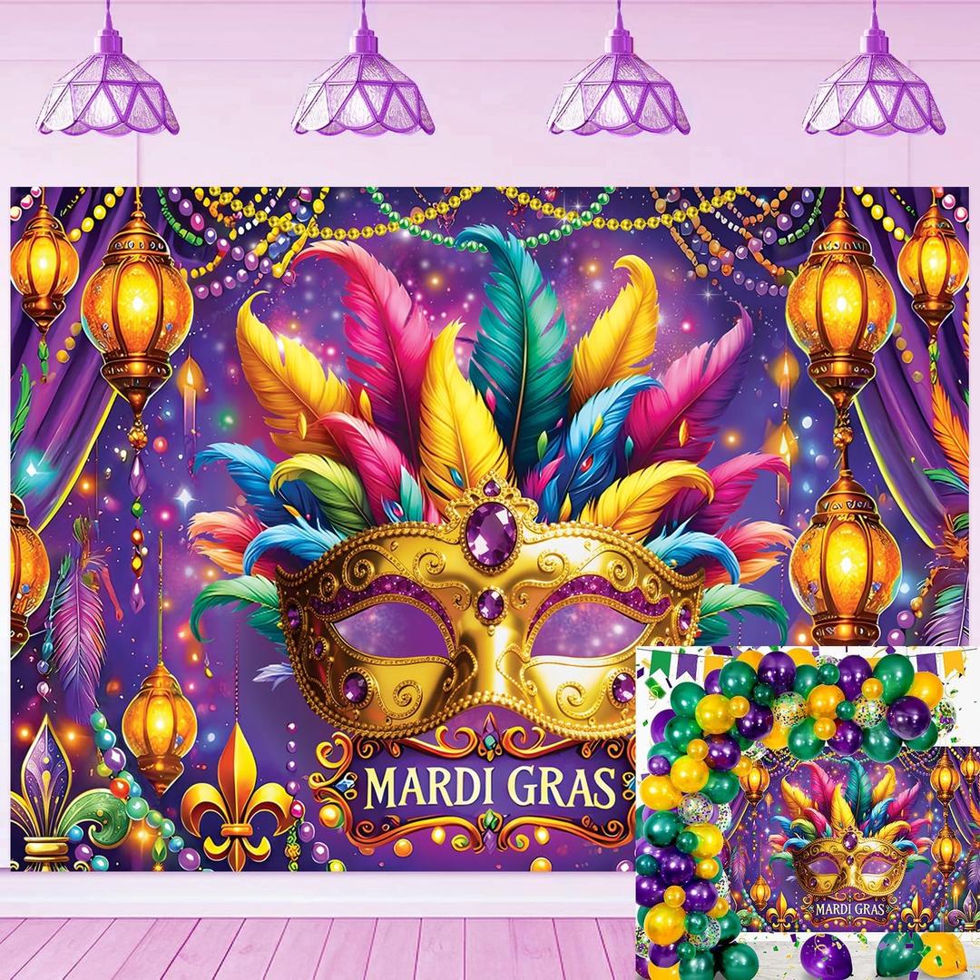 Mardi Gras Backdrop Carnival Masquerade Photography Background Mardi Gras Birthday Party Decoration Supplies (8x6FT240x180cm)