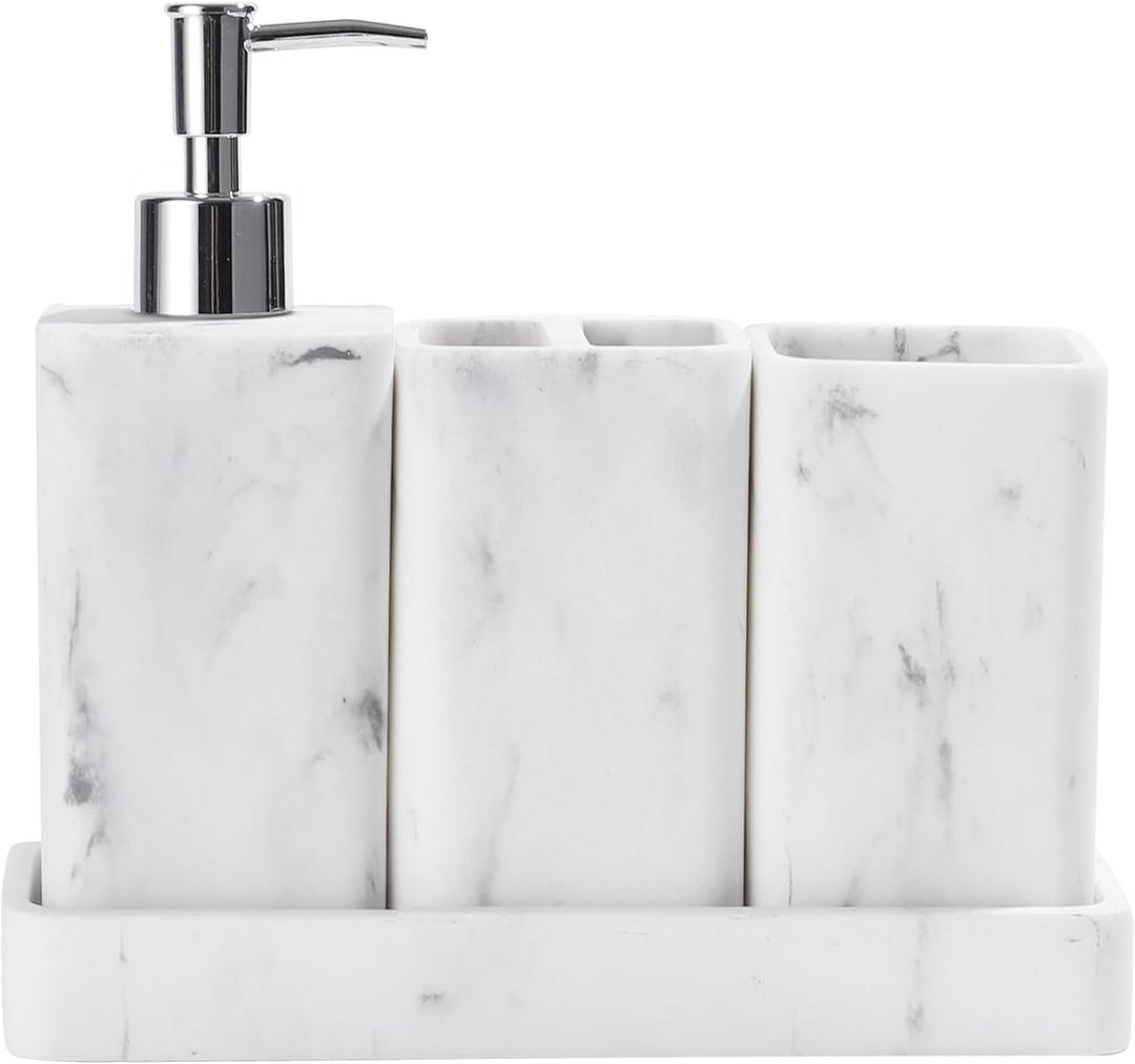 YMXYJM Bathroom Accessories Set, 4 Pcs Bathroom Accessory Set, Soap Dispenser, Toothbrush Holder, Qtip Holder Set, Bathroom Sets Complete, Bathroom Sink Set for Modern Home Decor, White