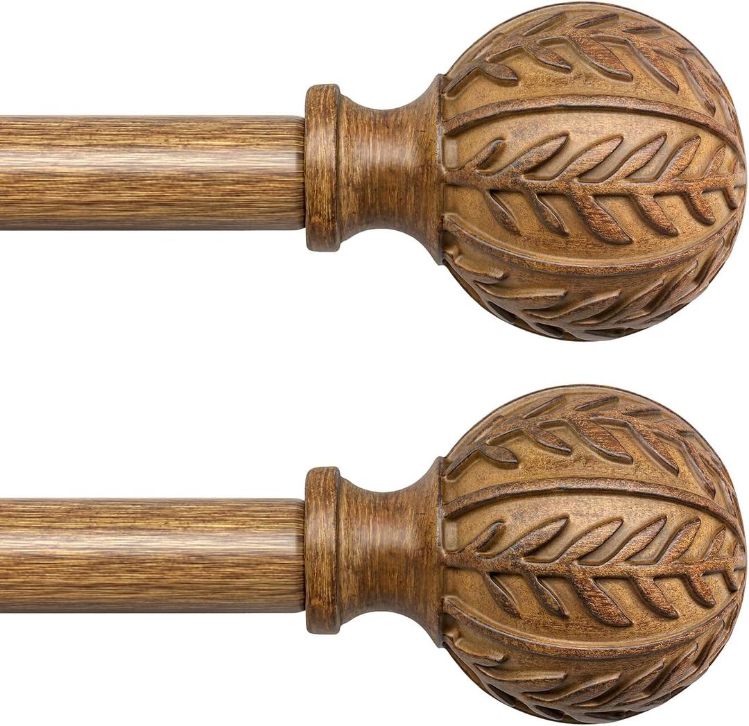2 Pack Wood Curtain Rods for Windows 48 to 84 Inch, 1'' Adjustable Decorative Drapery Rods with Imitation Wood Grain Leaf Pattern Finials, Boho Heavy Duty Window Curtain Rods Set 36''-88''