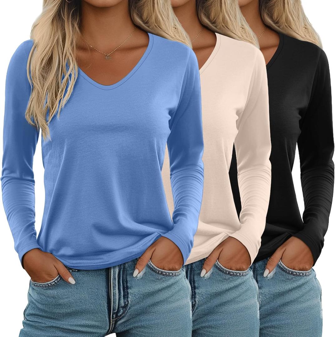 Ficerd 3 Pack Women's Long Sleeve T Shirts, V Neck Basic Tops Fall Casual Trendy Tees Loose Fit Soft Clothes Outfits (Medium, Black, Cream, Blue)