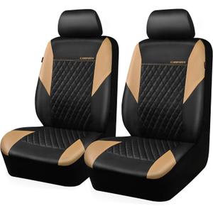 CAR PASS Quilting Leather Front Seat Covers, Automotive Waterproof Deluxe PU Premium Vinyl Luxury Two Front Seats Only Universal Fit for Cars Sedans SUVs Airbag Compatible,2 Pieces,Black&Beige