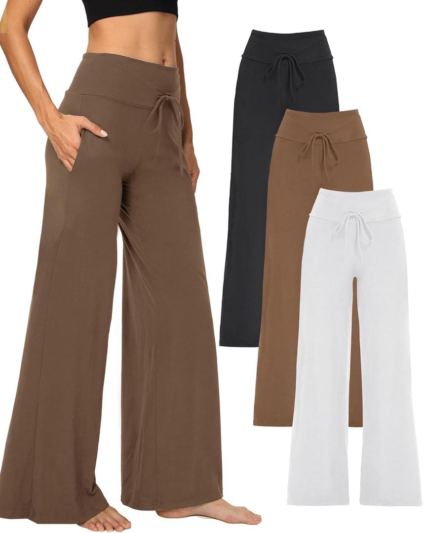 1/3 Pack Wide Leg Yoga Pants for Women, Comfy Lounge Pajama Sweatpants Loose Causal Palazzo with Pockets (Medium, Black/ Mocha/ White)