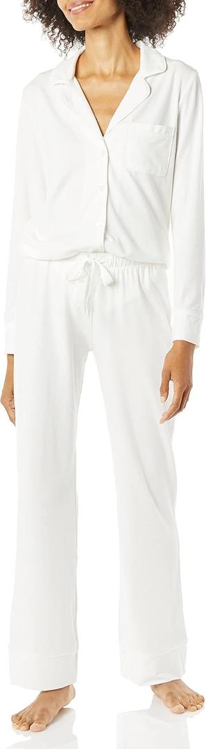 Amazon Essentials Women's Cotton Modal Long-Sleeve Shirt and Full-Length Bottom Pajama Set (Medium, White)