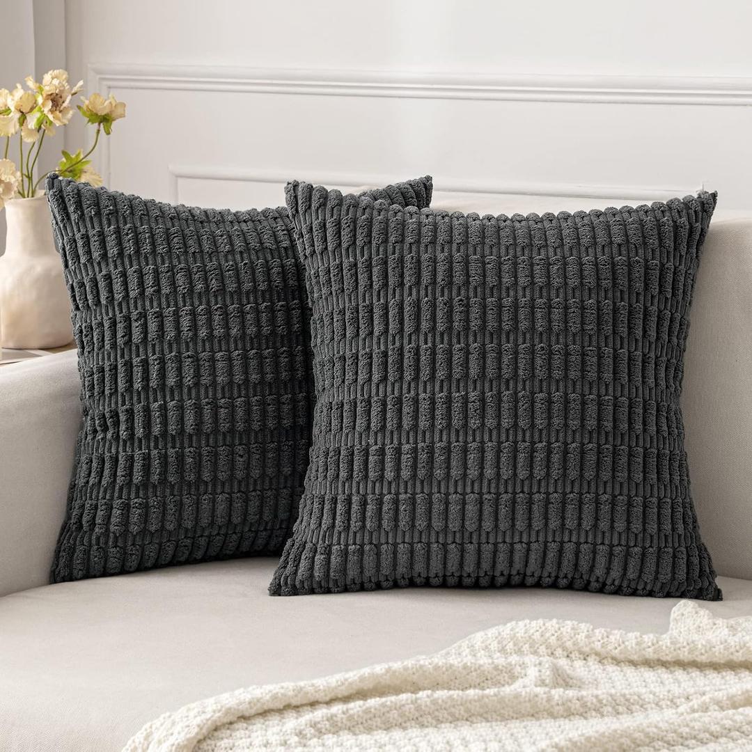 MIULEE Pack of 2 Corduroy Decorative Throw Pillow Covers 18x18 Inch Soft Boho Striped Pillow Covers Modern Farmhouse Home Decor for Sofa Living Room Couch Bed Dark Grey