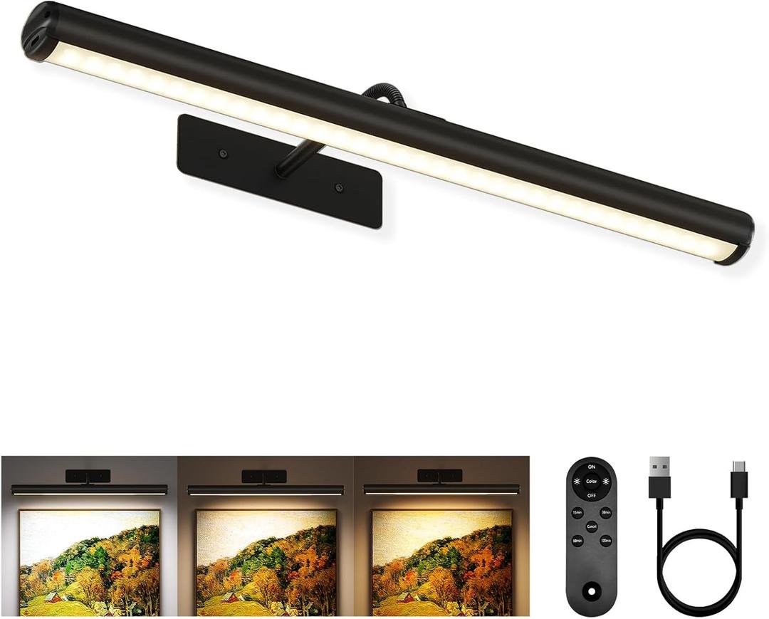 EZVALO Picture Lights for Wall, 16in Rechargeable 6000mAh Battery Operated Painting Lights with Remote, Wireless Wall Light for Gallery, Living Room, Hallway (Black)