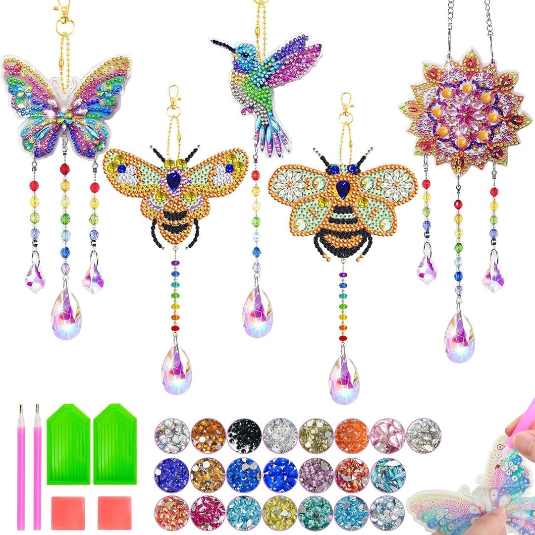 5Pcs Diamond art Kits for Kids/Adults, Crafts for Kids Ages 8-12, DIY Diamond Painting art Wind Chimes Crystal Window Suncatcher Craft, Birthday Gifts for 7 8 9 10 11 Year Old Girls, Home Garden Decor (Butterfly, Hummingbird, Flower + 2 Bees)