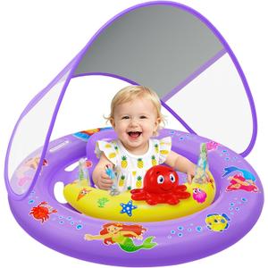 Baby Pool Float with Canopy, Inflatable Baby Swim Float with UPF50+ Sun Protection, Toddler Infant Pool Float with Toy Play Console Adjustable Safety Seat for Kids Girls Boys Aged 6-36 Months