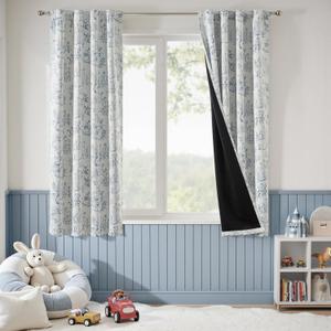 jinchan Blackout Nursery Curtains 63 Inches Long, Bunny Woodland Toile Curtains Blue on Beige Animal Printed Drapes for Bedroom Thermal Insulated Farmhouse Rod Pocket Window Treatment 2 Panels