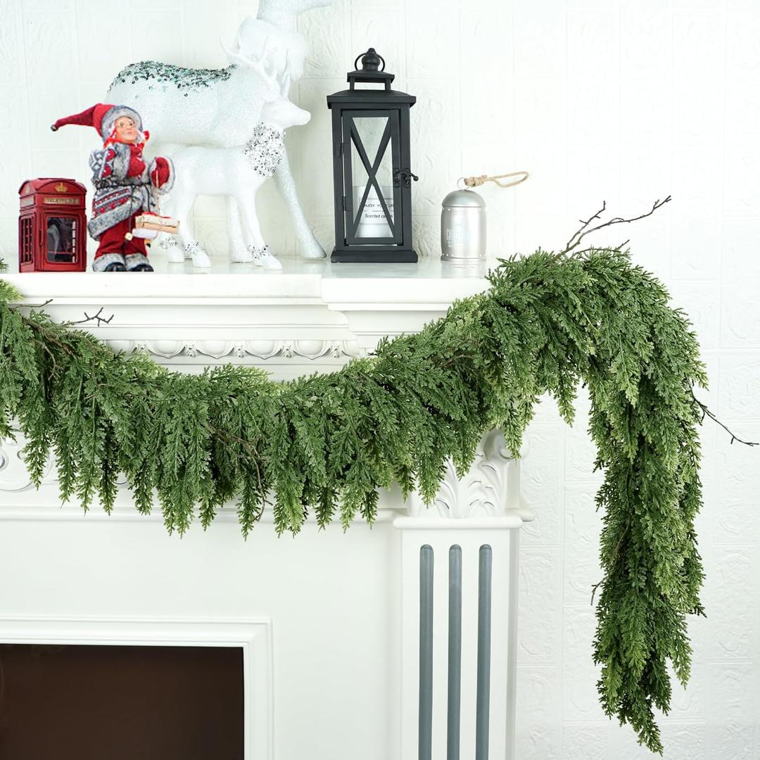 6ft Christmas Garland Realistic Soft and Thickness Green Faux Cedar Pine Garland Artificial Cedar Cypress Garland for Home Fireplace Wall Indoor Outdoor Holiday Party Home Decoration