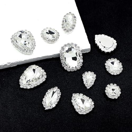 SEWJUN Sew On Rhinestones,3 Pcs Mix Shape Sewing Crystal with Silver Claw Flatback Glass Rhinestones Sew on Gems for Clothes Shoes Hats Bags & Sewing Accessories,Crystal