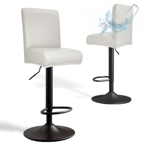 PU Leather Bar Stool Covers with Backs, 2 Pack Stretch Waterproof Bar Stool Chair Covers Washable & Comfortable Barstool Covers Slipcovers with Back for Pub/Counter/Dining Room Decoration (Cream)