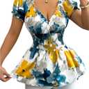 SOLY HUX Women's Floral Blouse V Neck Puff Sleeve Shirred Peplum Ruffle Hem Summer Tops (S)