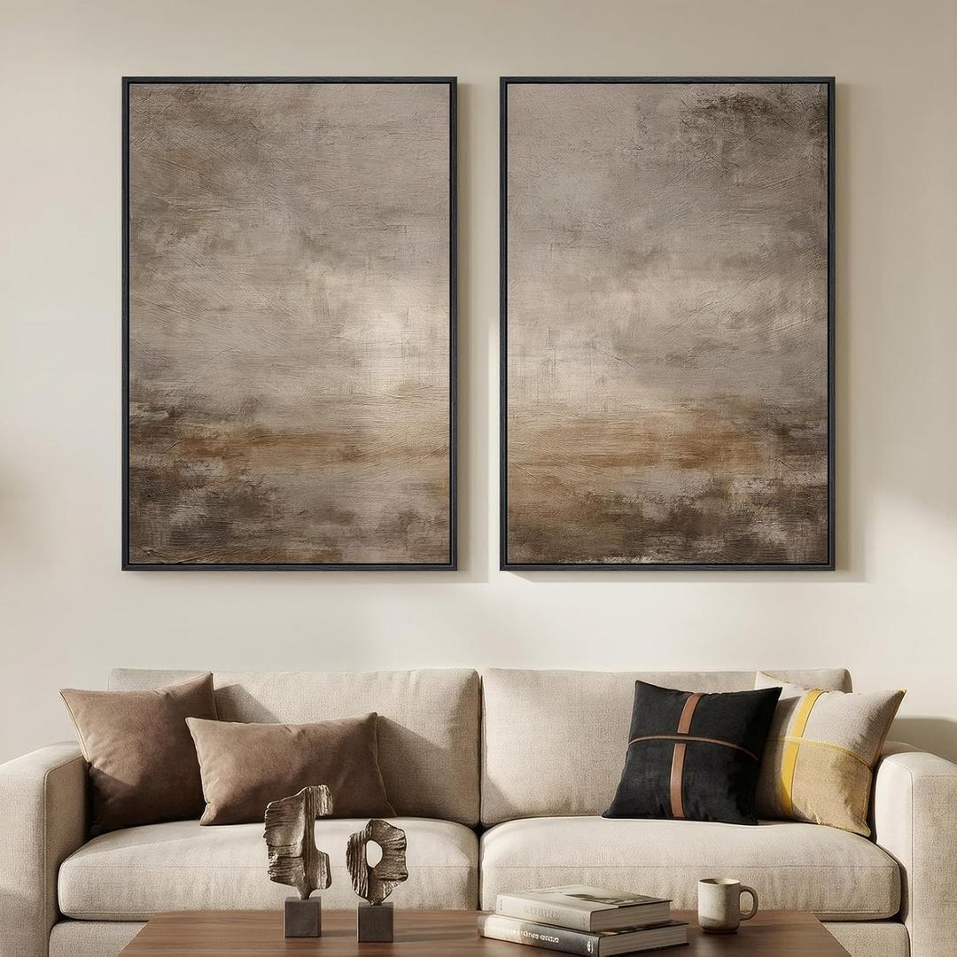 Large Framed Neutral Abstract Wall Art Set of 2 for Living Room, Minimalist Modern Brown Grey Canvas Artwork for Walls, Wabi Sabi Rustic Painting Print Wall Decor for Bedroom Home Office, 24x36 Inch, 24" W x 36" H x 2Pcs