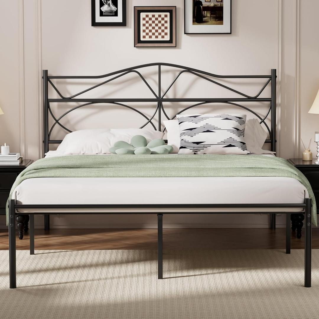 VECELO Full Size Bed Frame, Metal Bed Platform with Headboard, Sturdy Steel Slats Support, No Box Spring Needed/Noise-Free,Easy Assembly, Black