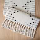 Table Runner 108 Inches Long, Boho Style with Handmade Tassels, 70% Cotton & 30% Linen, Modern Farmhouse Home Decor for Living Room (Beige Black, 12x108 Inch)