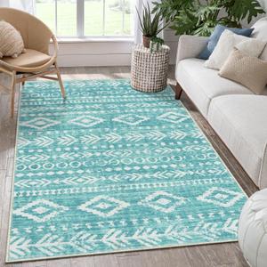 Lahome Boho Geometric Area Rugs 5x7, Ultra-Thin Teal Washable Bedroom Rugs Soft Living Room Rug, Farmhouse Tribal Accent Print Large Entryway Rug Indoor Non Slip for Office Playroom Nursery