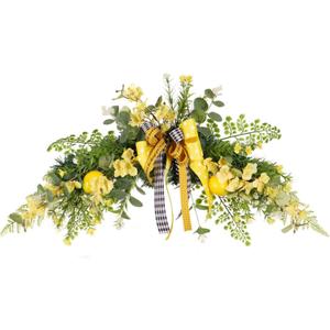 24in Artificial Flower Swag with Lemon, Spring Lemon Fruit Garland Rustic Decorative Swag Farmhouse Floral Garland with Large Bow for Wedding Arch Front Door Wall Home Decor(Yellow)