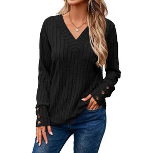 Dokotoo Womens Soft Long Sleeve V Neck Shirts Solid Casual Decorative Buttons Knitted Pullover Tunic Tops Black (Medium)