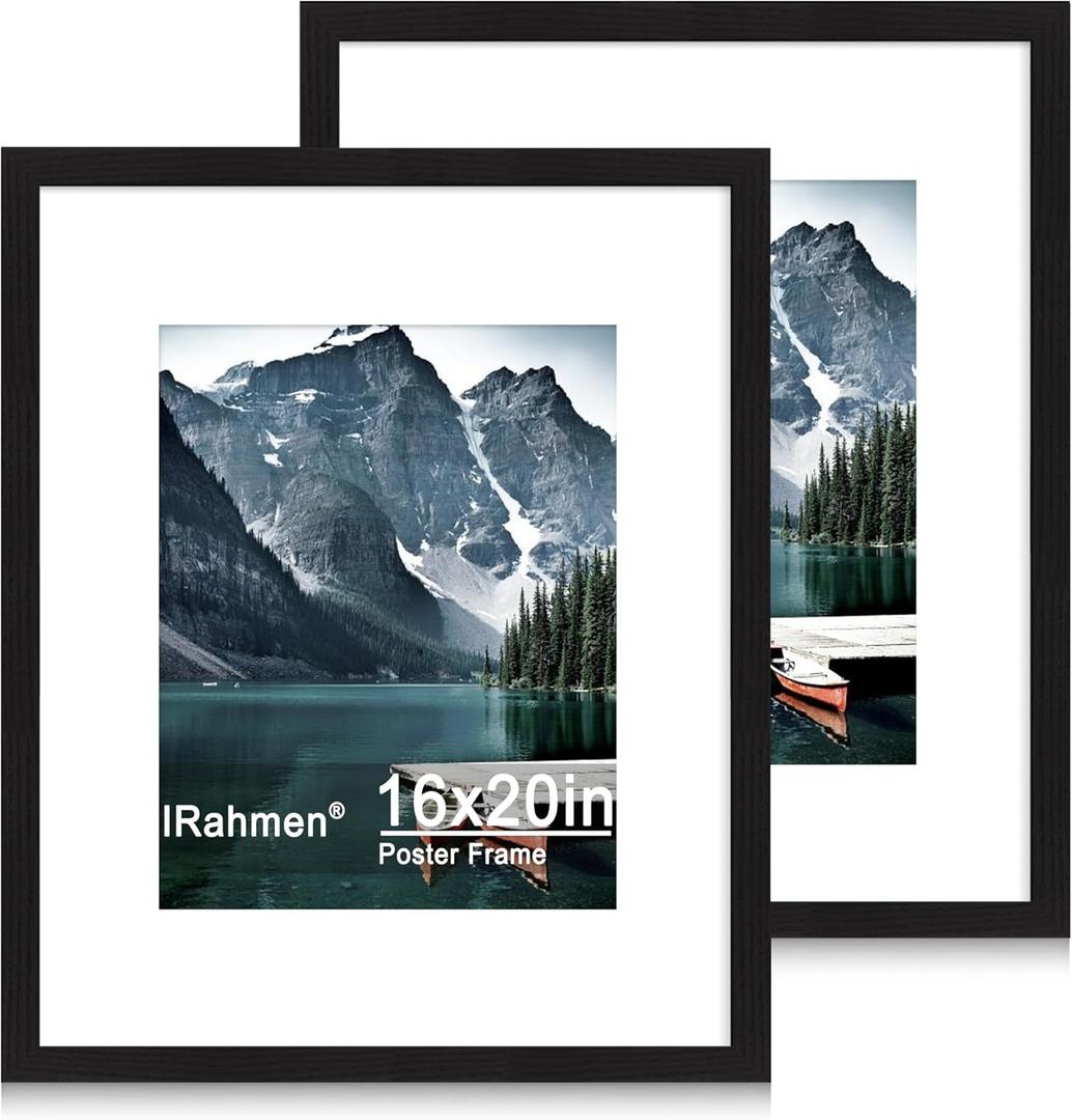 16x20 Picture Frame Set of 2 with Plexiglass, Black Poster Frame Display 11x14 Picture with Mat or 16 x 20 Picture Without Mat, Wood Photo Frame for Wall Mounting Horizontal and Vertical (Black 2)