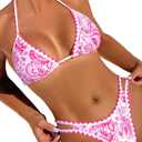 Thong Bikini Sets for Women String Two Piece Swimsuit High Cut Floral Sexy Bathing Suit Halter Triangle Top (Small, Pink Floral Bikini Sets)
