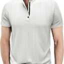 Mens Shirts Short Sleeve Jacquard Henley Shirts Casual Basic Tee Button Fashion Soild T Shirts (L)